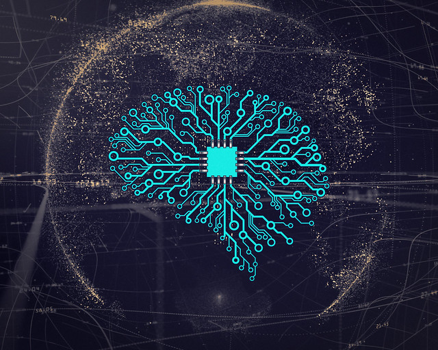 A visualization of machine learning with the shape / figure of the brain and chip.